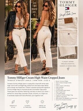 Tommy Hilfiger Cream High-Waist Cropped Straight-Leg Jeans -Raw Hem— Size 6